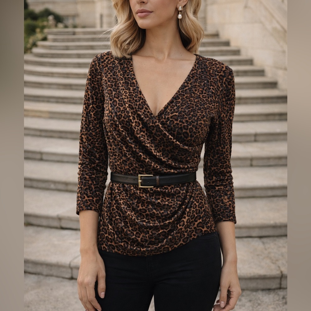 MSK Leopard Print Crossover Blouse Size Medium Petite